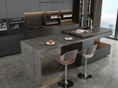 Modern Dining Table Set with Island Counter Marble Top Bar Stools Dark Cabinets City View 3d model