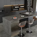 Modern Dining Table Set with Island Counter Marble Top Bar Stools Dark Cabinets City View