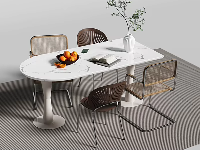 Modern Marble Dining Table Set With Woven Brown Chairs And Decorative Items 3d model