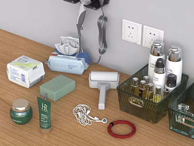 Daily Living Essentials on Wooden Desk with Cosmetic Bottles Storage Organizers Cream Jar and Curling Iron 3d model