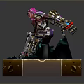 Armored Fantasy Character Statue Featuring Pink Hair Hexagonal Gold Base Green Interior Rock Details