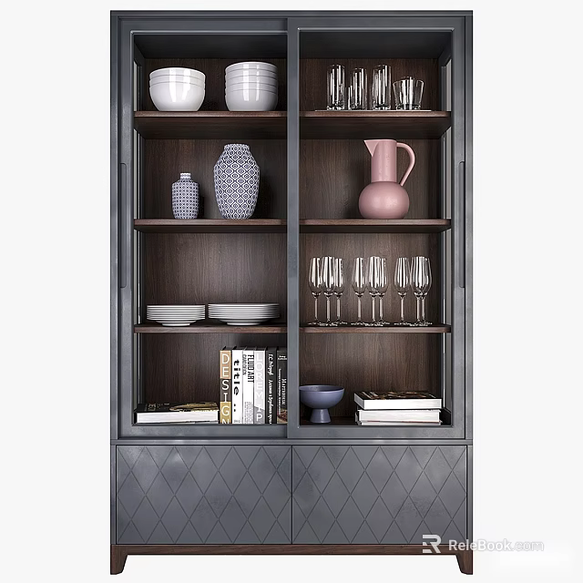 Elegant Dark Wood Sideboard Featuring Glassware Bowls Vases and Books on Shelves 3d model 