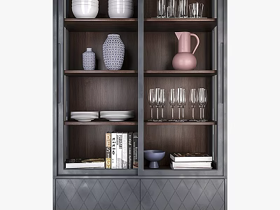 Elegant Dark Wood Sideboard Featuring Glassware Bowls Vases and Books on Shelves 3d model