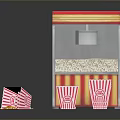 Red And Yellow Popcorn Machine With Paper Buckets And Scattered Kernels 3d model