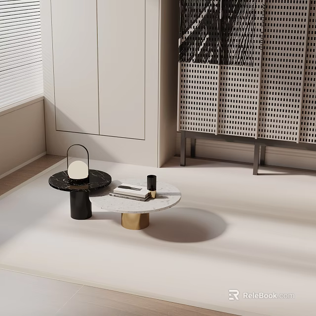 Modern Sofa Coffee Table Set With Black White Round Marble Top Gold Base And Decor 3d model