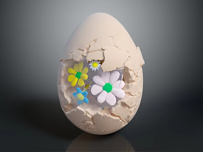Decorative Ornament Set with Cracked Eggshell and Small Yellow Blue White Flowers 3d model