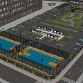 Mixed Use Urban Facility Featuring Basketball Courts Parking Lot Green Space And Adjacent Building