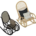 Black and Light Colored Woven Rocking Chairs with Blanket and Pillows for Home Decor
