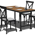 Rustic Dining Table Set With Wooden Top Black Metal Frame And Cross Back Upholstered Chairs