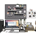 Modern Home Office Desk Setup With Computer Monitor Decorative Plants Photos And Statue