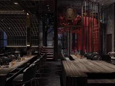 Industrial Style Bar Interior With Dark Wooden Furniture Red Decor Black Seats And Warm Lighting 3d model