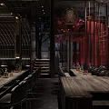 Industrial Style Bar Interior With Dark Wooden Furniture Red Decor Black Seats And Warm Lighting