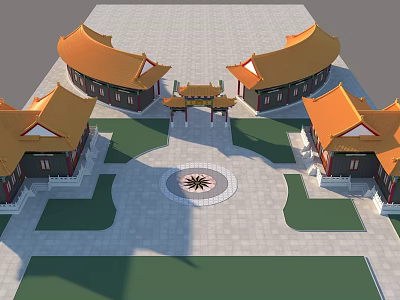 Classical Chinese Ancient Architecture Courtyard with Orange Roofs and Symmetrical Layout 3d model