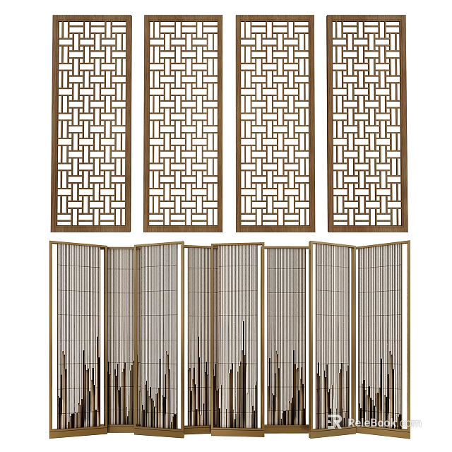 Folding Room Divider Screen With Geometric Lattice Pattern And Wooden Frame 3d model