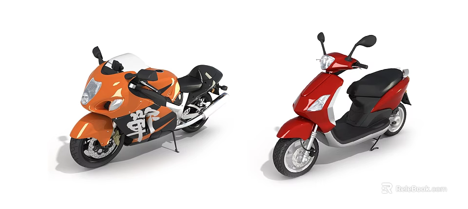 Orange Sport Motorcycle and Red Scooter with Modern Design and Stylish Features 3d model 