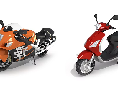 Orange Sport Motorcycle and Red Scooter with Modern Design and Stylish Features 3d model