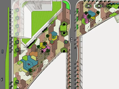 Colorful Urban Landscape Design With Geometric Areas Green Spaces And Walkways 3d model
