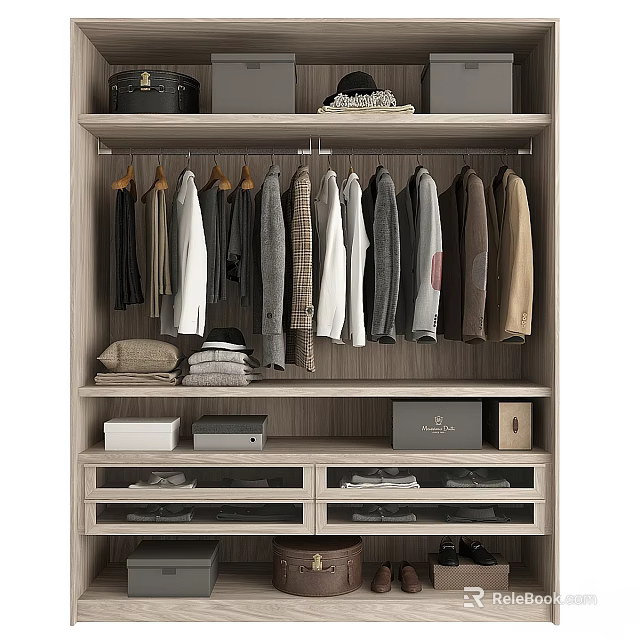 Wooden Dresser With Storage Drawers Hanging Area And Organized Folded Clothes 3d model 