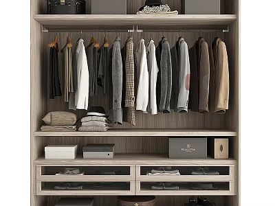 Wooden Dresser With Storage Drawers Hanging Area And Organized Folded Clothes 3d model