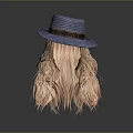 Character With Pink Long Hair Wearing Blue Straw Hat On Gray Background