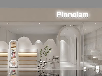 Pinnalam Storefront With White Arched Design Glass Door Green Plant Tables And Chairs 3d model