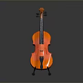 Orange Violin Placed On Black Stand With Grey Background And Reflection