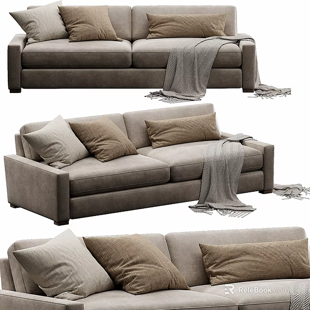 Gray Fabric Double Sofa With Cozy Pillows And Soft Throw Blanket 3d model