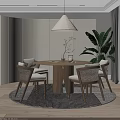 Modern Round Wooden Table and Rattan Fabric Chairs with Woven Pendant Light and Green Plant