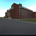 Modern School Building Red Brick Exterior With Large Windows Connecting Walkway Front Plaza Campus Setting