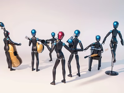 Black Decorative Figurine Set With Blue Heads Holding Musical Instruments In Various Poses 3d model