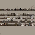 Decorative Ornament Collection On Multi Tiered Wall Shelves With Vases Books Small Sculptures And Plants