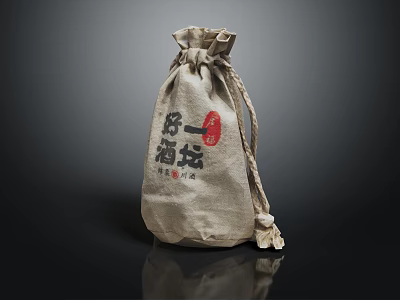 Traditional Burlap Daily Necessities Bag With Chinese Characters And Red Seal 3d model