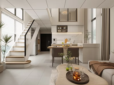 Modern Dining and Living Room Interior With Open Concept Large Windows Sofa And Staircase 3d model