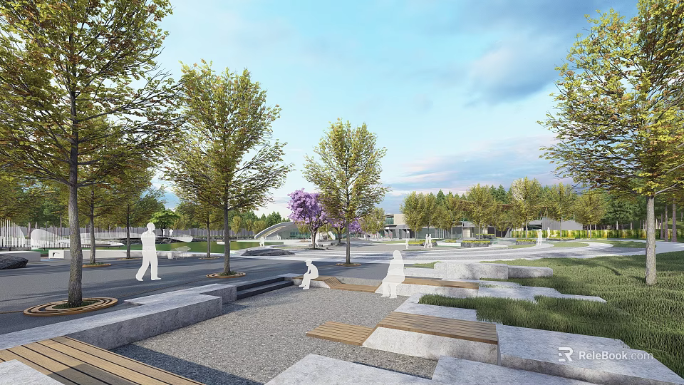 Open Public Park With Green Trees Stone Benches And Walking Pedestrians 3d model 