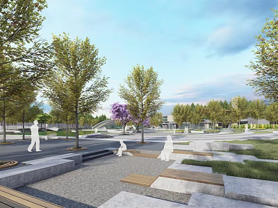 Open Public Park With Green Trees Stone Benches And Walking Pedestrians 3d model