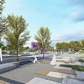 Open Public Park With Green Trees Stone Benches And Walking Pedestrians