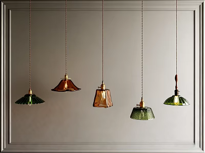 Five Colorful Pendant Lights With Unique Design Hanging On Gray Background Within Framed Setting 3d model