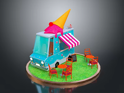 Ice Cream Truck Setup With Blue Exterior Orange Cone Pink Ice Cream Red Tables Chairs 3d model