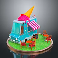 Ice Cream Truck Setup With Blue Exterior Orange Cone Pink Ice Cream Red Tables Chairs