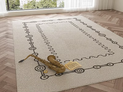 Light Beige Square Rug With Black Wavy Patterns Featuring Saxophone And Music Sheet On Wooden Floor 3d model
