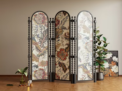 Decorative Room Divider Screen With Floral Pattern And Black Wooden Frame 3d model