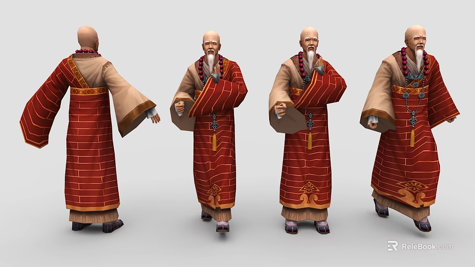 Elder Monk Game Movie Character in Red Robe with Beige Sleeves and Prayer Beads 3d model 