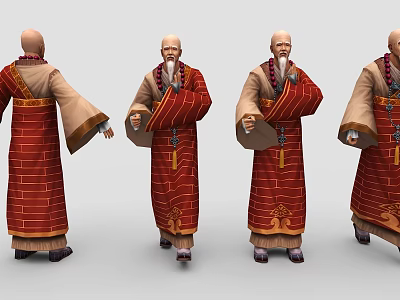 Elder Monk Game Movie Character in Red Robe with Beige Sleeves and Prayer Beads 3d model