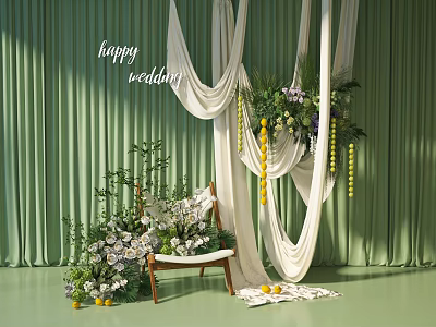 Floral Installation for Wedding with Green Backdrop White Drapery Yellow Fruits and Wooden Chair 3d model