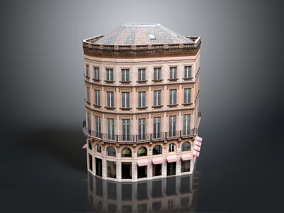 Cartoon Scene of Multi Story Curved Corner Building With Storefront Awnings and Tiled Roof 3d model