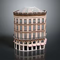 Cartoon Scene of Multi Story Curved Corner Building With Storefront Awnings and Tiled Roof