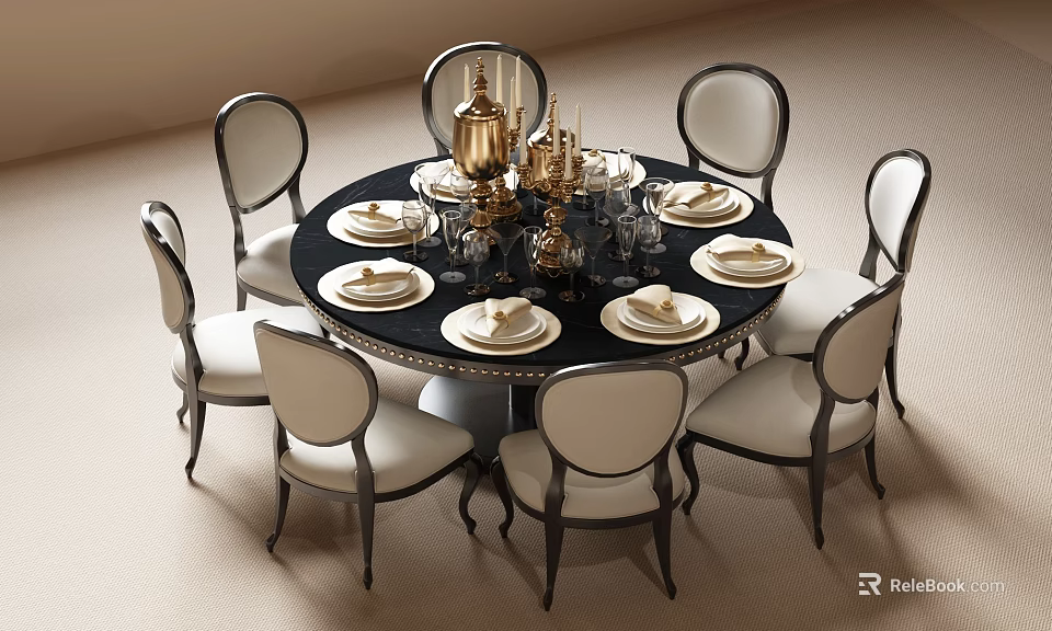 Elegant Round Dining Table Set With White Black Chairs Gold Candlesticks Glasses Plates 3d model