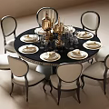 Elegant Round Dining Table Set With White Black Chairs Gold Candlesticks Glasses Plates 3d model