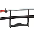 Traditional Japanese Katana With Red And Gold Handle Displayed On Black Stand