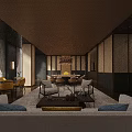 Luxurious Private Box Interior With Sofa Dining Table Chandelier And Large Windows 3d model